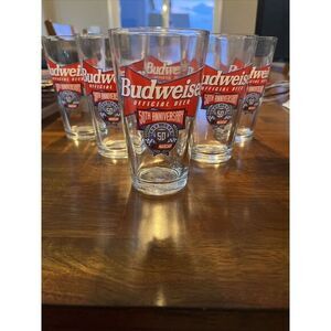 Set of 6 Vintage Budweiser Nascar Drinking Glasses 50 Year Anniversary 1948-1998